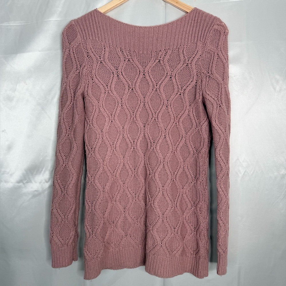 Mauve Pink Diamond Cable Knit Boat Neck Wool Blend Sweater Long Sleeve